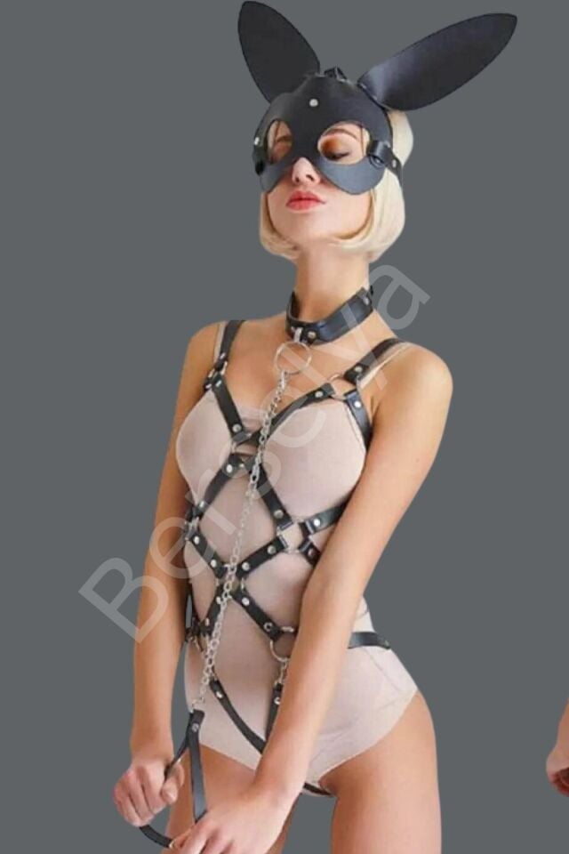 Tavşan Kulaklı Maske Ve Babydoll Alt Üst Deri Takım 800555