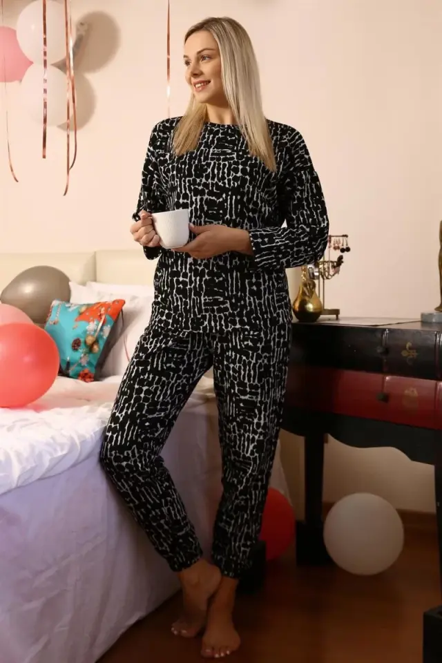 Kadın Uzun Kol 3 İplik Penye Pijama Takım Siyah