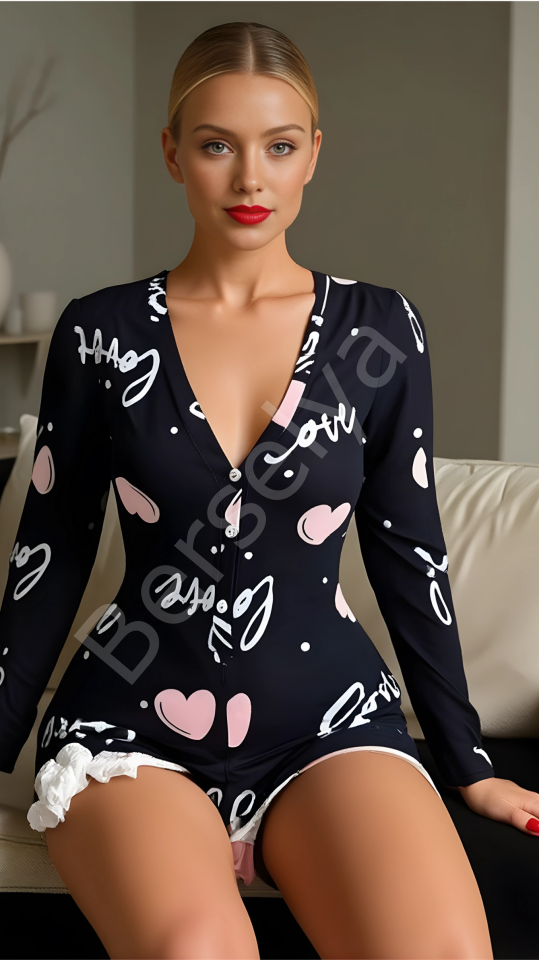 Luna Lora Black Love Heart Pamuklu Siyah Kalp Desenli Love Yazılı Düğmeli Tulum Pijama
