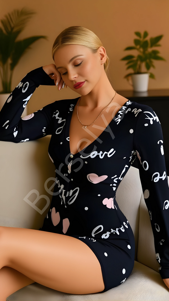 Luna Lora Black Love Heart Pamuklu Siyah Kalp Desenli Love Yazılı Düğmeli Tulum Pijama