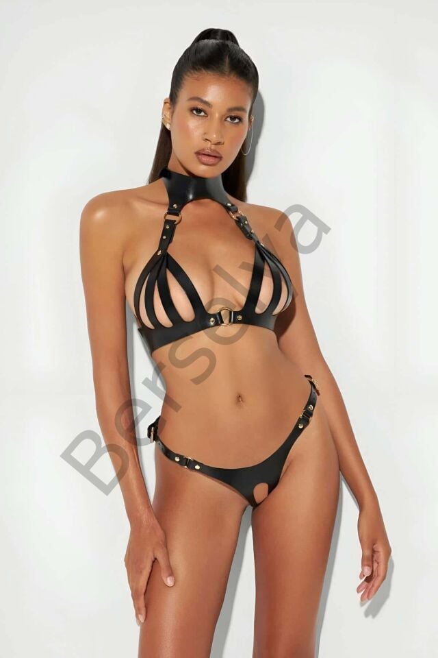 Şık Deri Sütyen Takım, Ağı Açık Deri Fantezi Sütyen Takım, Seksi Deri Giyim - Brf1089