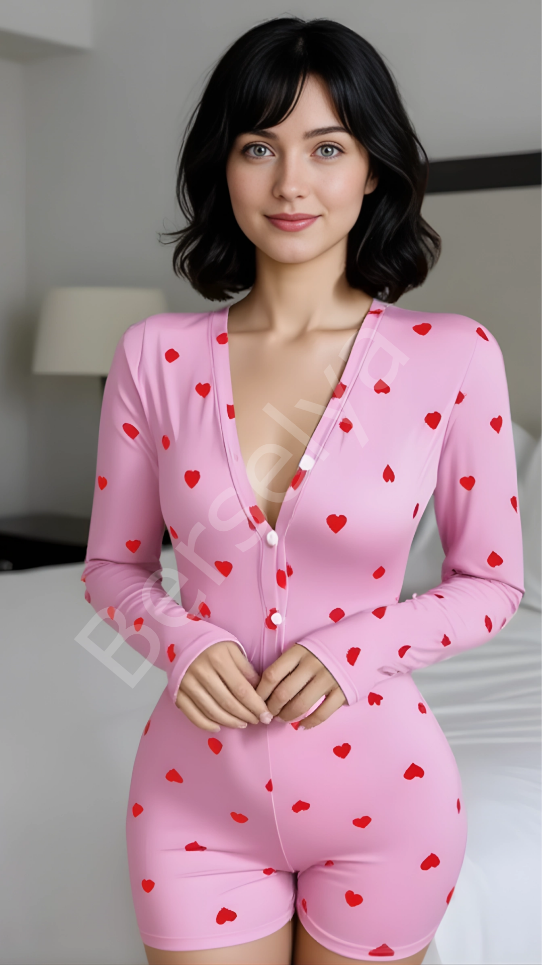 Luna Lora Pink Heart Dream Pamuklu Pembe Kalp Desenli Düğmeli Tulum Pijama