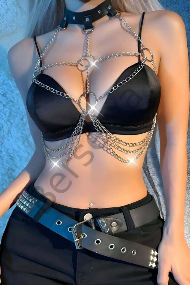 Zincirli Giysi Üzeri Göğüs Harness, Crop Büstiyer - Brf1165