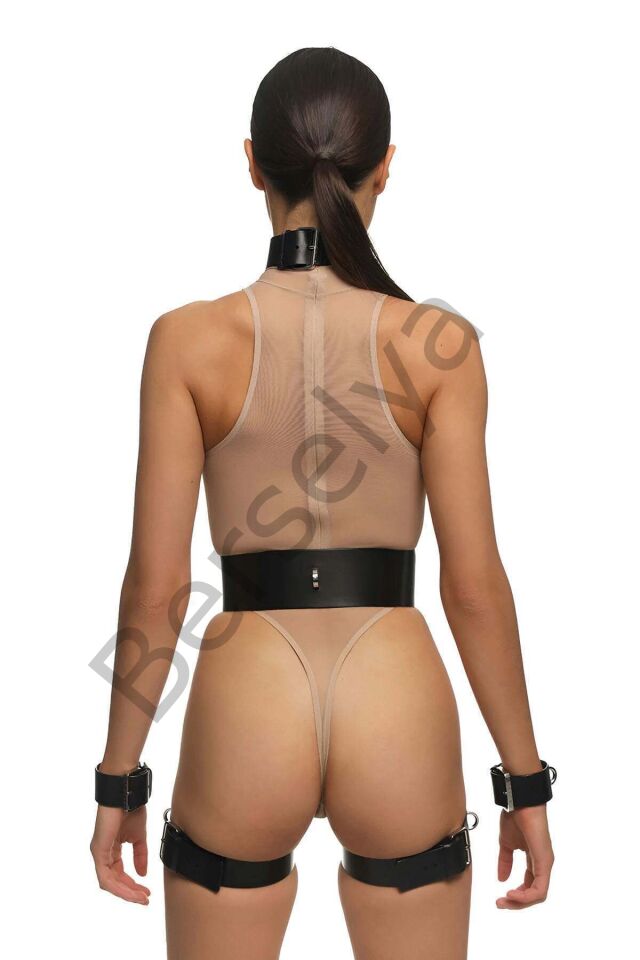 Fantazi Deri İç Giyim, Boyundan Kelepçeli Şık Harness Takım - Brf1338