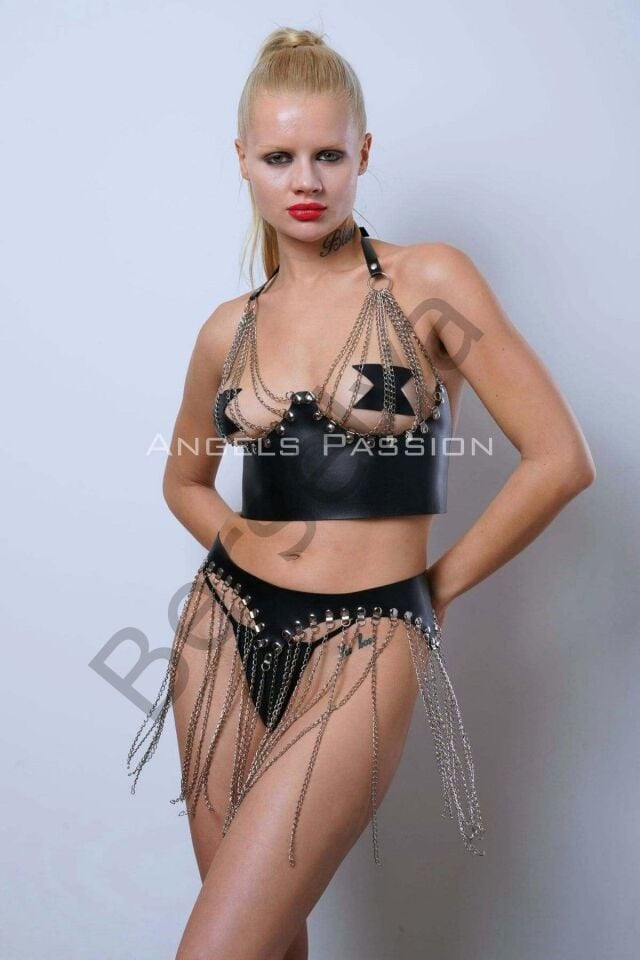 Zincirli Büstiyer Etek Takım, Şık Deri Etek Ve Büstiyer - Brf994