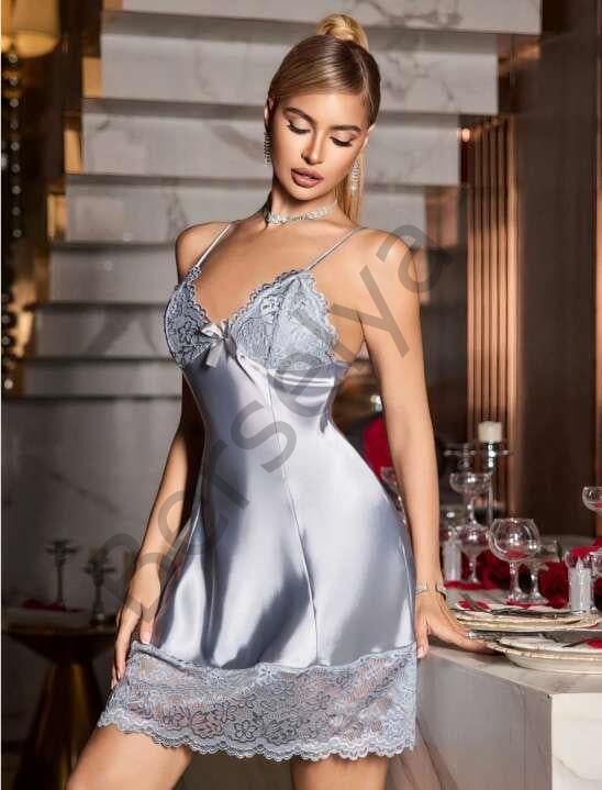 Vizon Dantel Detaylı İnce Askılı Saten Kısa Fantezi Gecelik