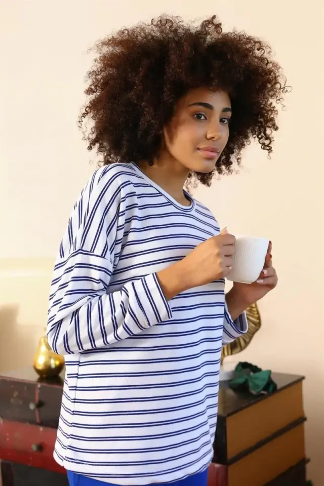 Kadın Uzun Kol 3 İplik Penye Pijama Takım Beyaz