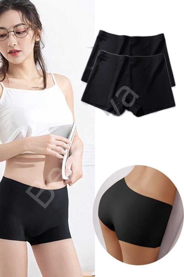 2 Adet Kadın Dikişsiz Görünmez İz Yapmaz Mini Şort Boxer Siyah L