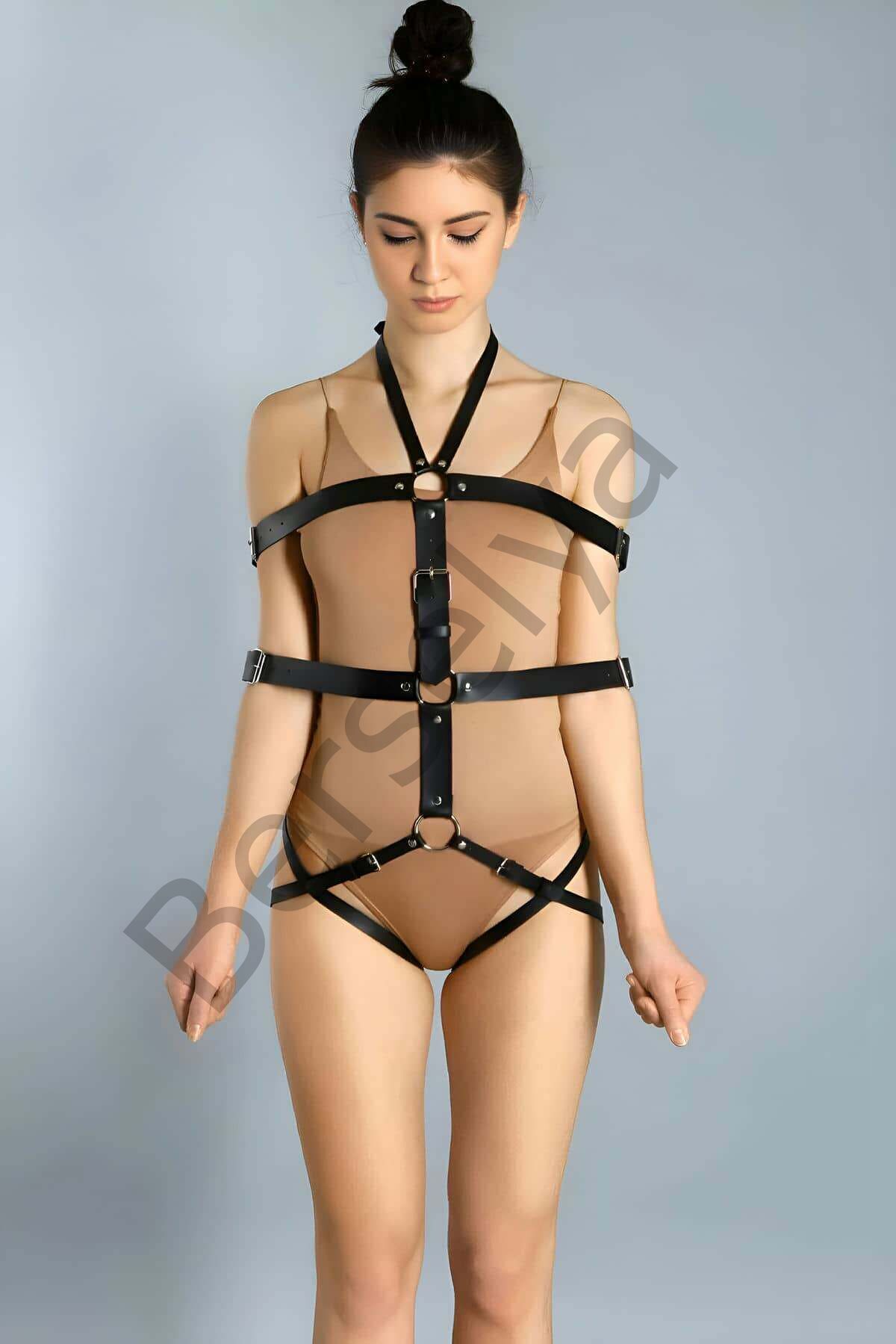 Fantazi Vücut Kelepçesi, Ağı Açık Deri Esaret Kemeri Takımı - Brf1062