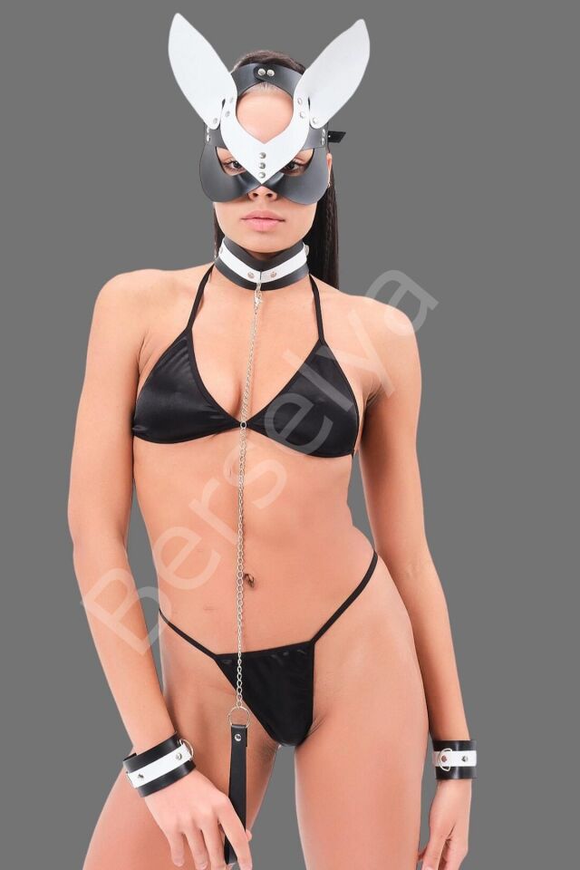 Siyah/beyaz Deri Maske Ve Siyah Sütyen Külot Takım 800412