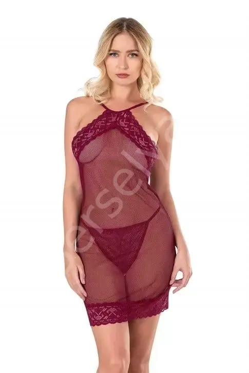 Bordo Kısa File-tül Gecelik 8132