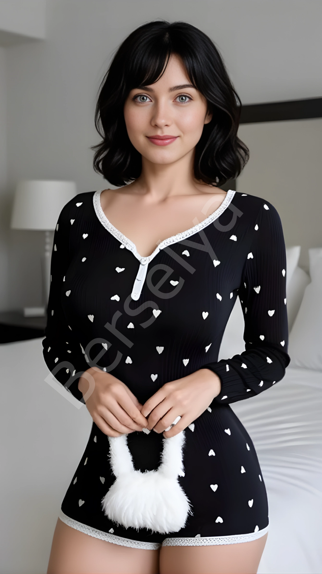 Luna Lora Black Heart Dream Pamuklu Siyah Kalp Desenli Tulum Pijama