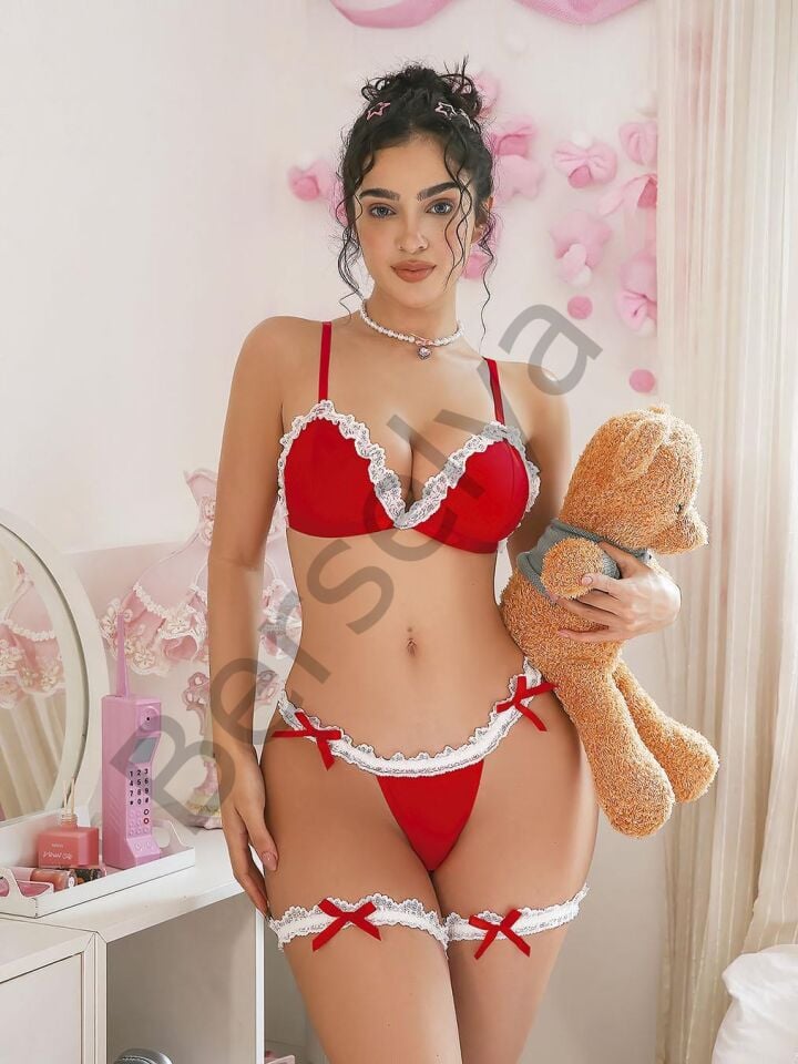 Boyunluklu Bacak Aksesuarlı Kırmızı Fantezi Hizmetçi Kostümü