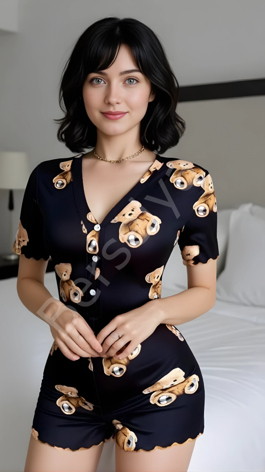 Luna Lora Black Teddy Dream Pamuklu Siyah Ayıcık Desenli Düğmeli Tulum Pijama