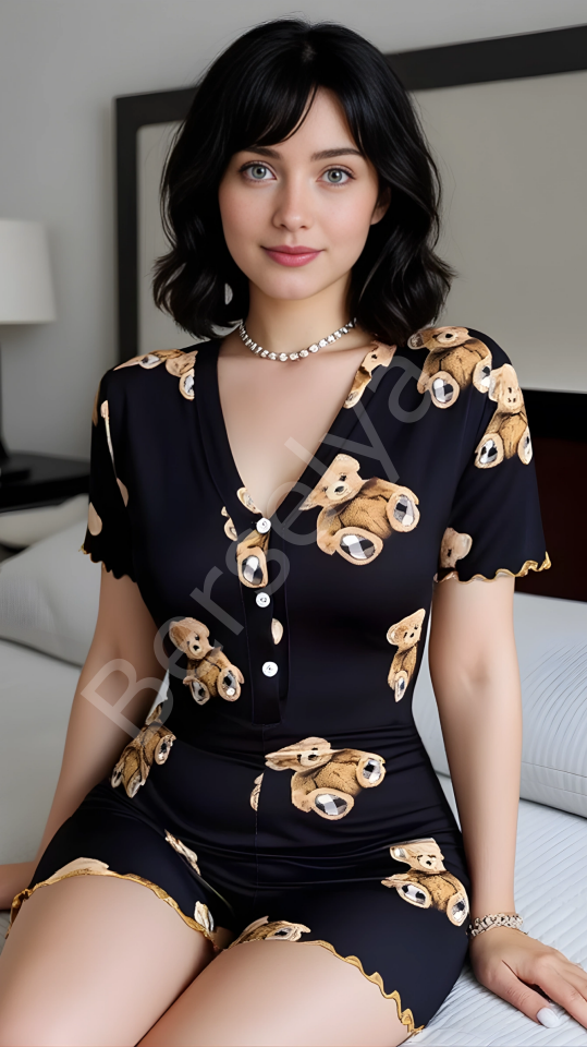 Luna Lora Black Teddy Dream Pamuklu Siyah Ayıcık Desenli Düğmeli Tulum Pijama