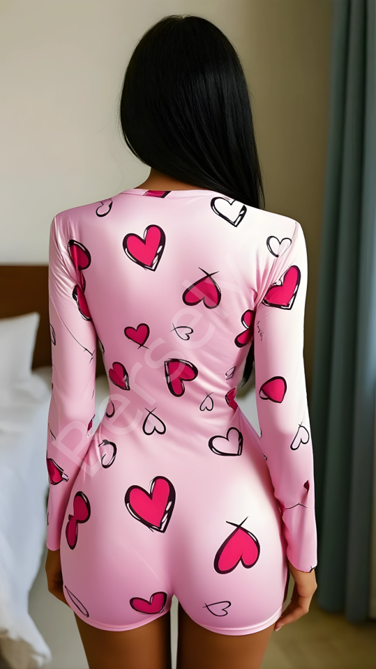 Luna Lora Pink Heart Dream Pamuklu Pembe Kalp Desenli Düğmeli Uzun Kol Tulum Pijama