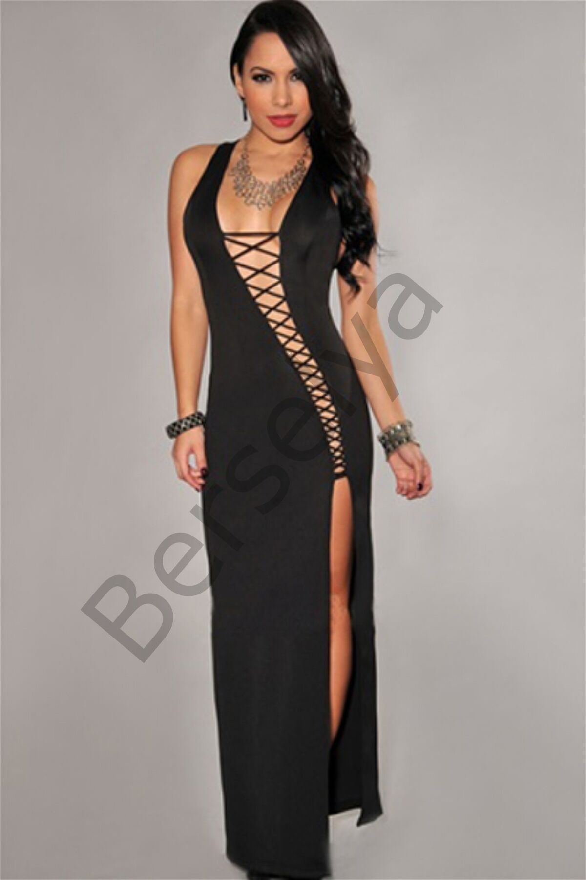 B100839 Bağlamalı Seksi Uzun Elbise