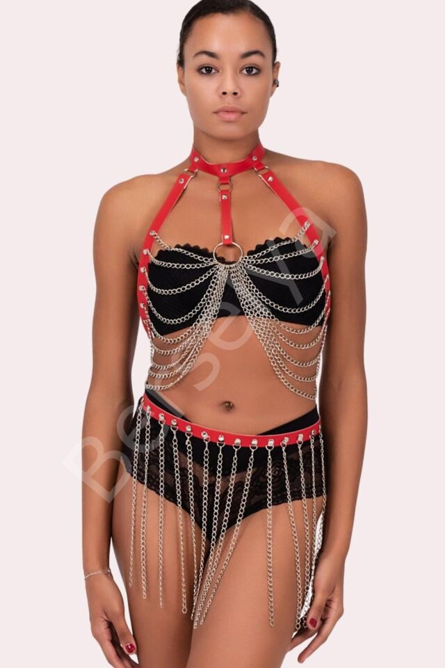 Kırmızı Deri Ve Zincirli Harness Sezy Kostüm 800363