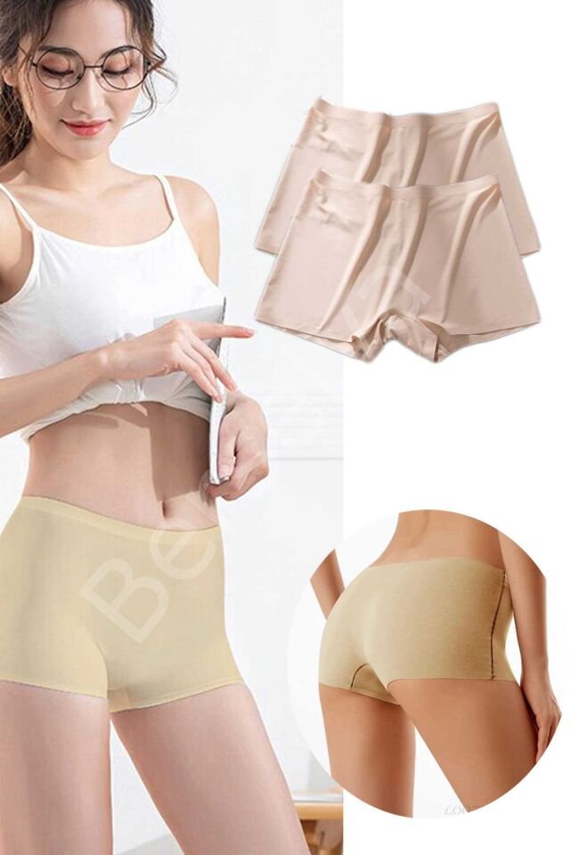 2 Adet Kadın Dikişsiz Görünmez İz Yapmaz Mini Şort Boxer Ten L