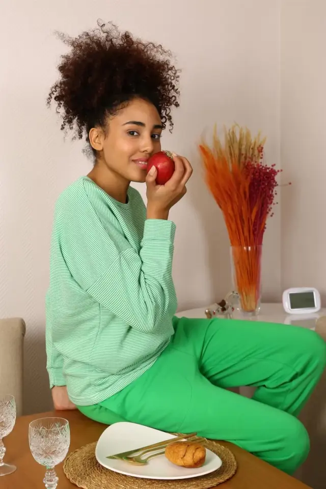 Kadın Uzun Kol 3 İplik Penye Pijama Takım Yeşil