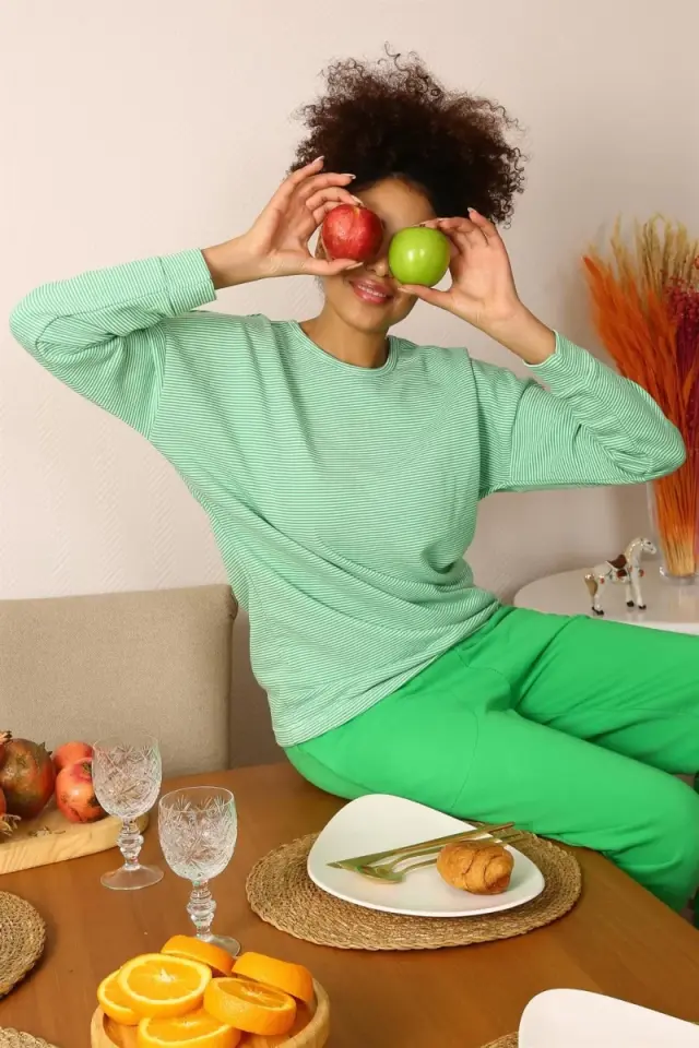 Kadın Uzun Kol 3 İplik Penye Pijama Takım Yeşil
