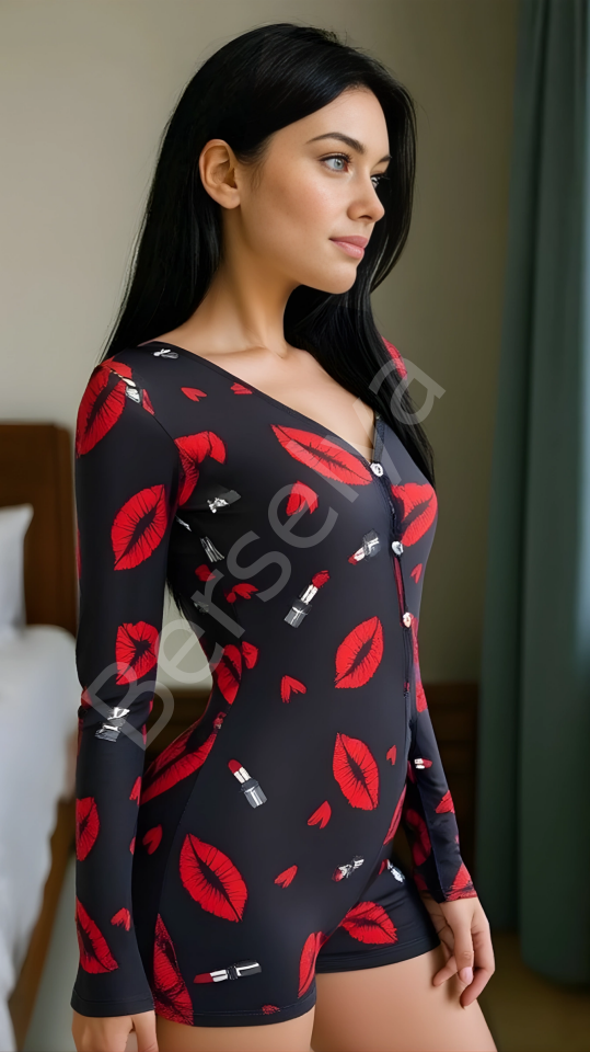 Luna Lora Red Kiss Pamuklu Kırmızı Ruj ve Öpücük Desenli Düğmeli Uzun Kol Tulum Pijama