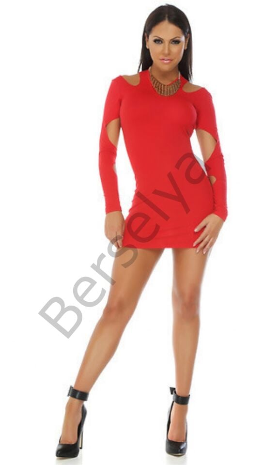 B101185 Uzun Kollu Açık Mini Elbise