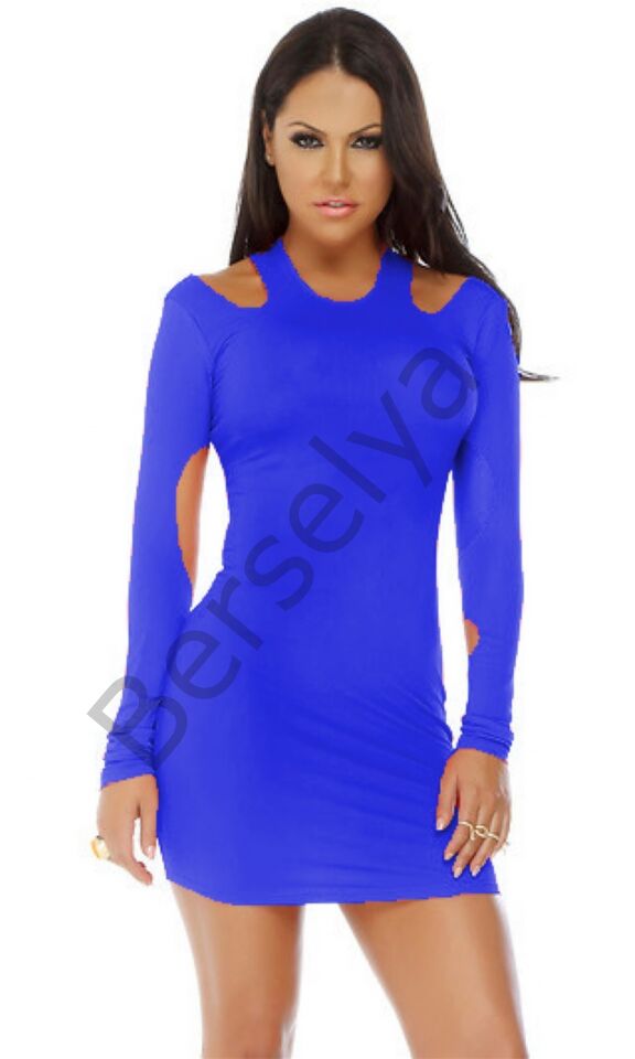 B101185 Uzun Kollu Açık Mini Elbise