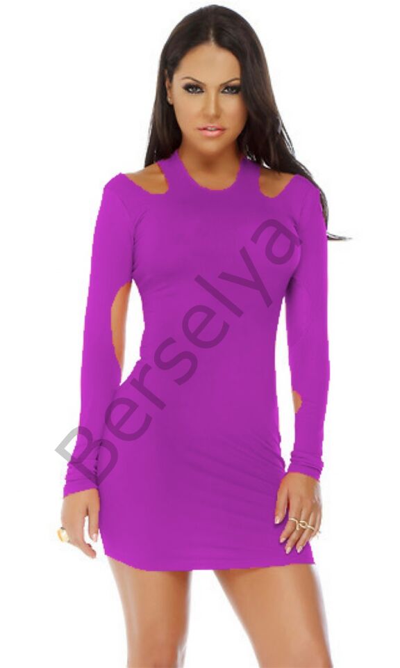 B101185 Uzun Kollu Açık Mini Elbise