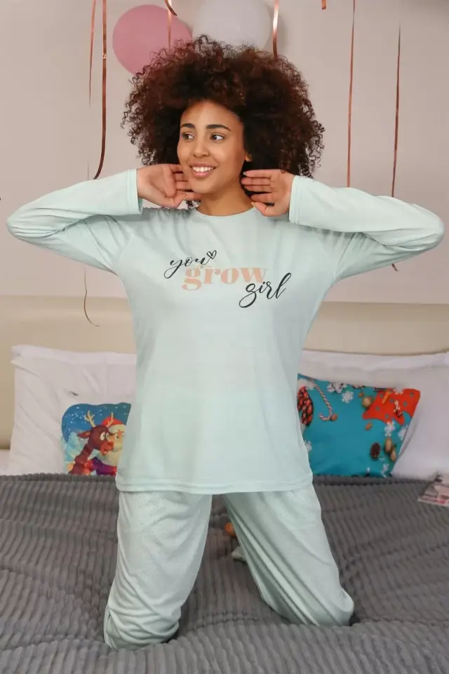 Kadın Penye Uzun Kol Pijama Takım Su Yeşili