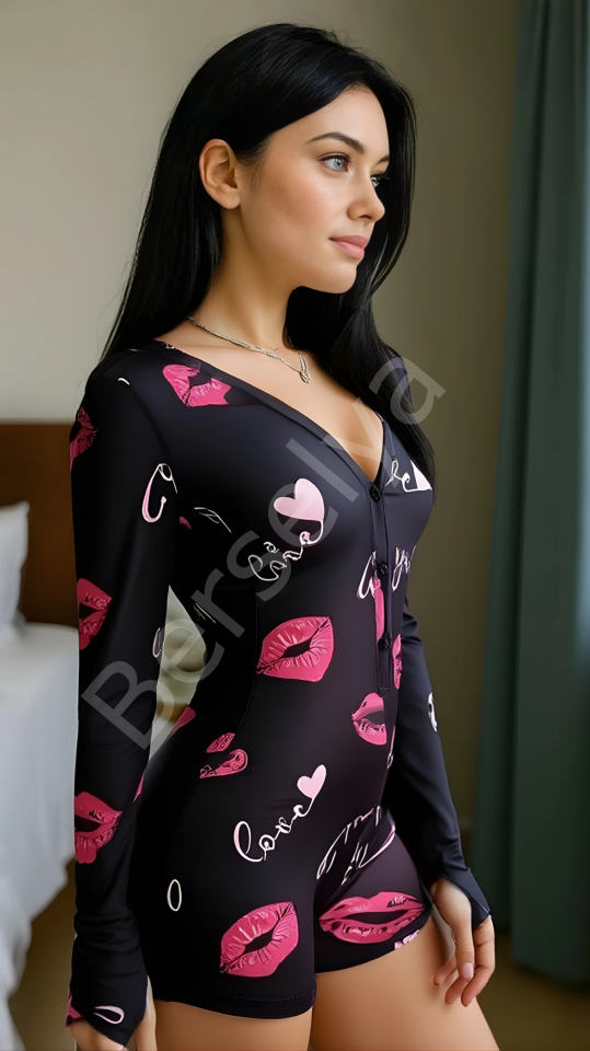 Luna Lora Kiss Heart Dream Pamuklu Kırmızı Öpücük ve Kalp Desenli Düğmeli Uzun Kol Tulum Pijama