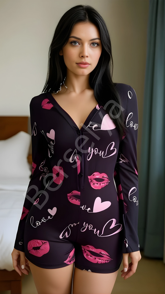 Luna Lora Kiss Heart Dream Pamuklu Kırmızı Öpücük ve Kalp Desenli Düğmeli Uzun Kol Tulum Pijama