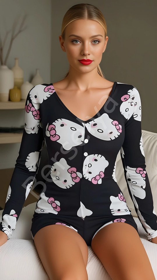 Luna Lora Kitty Dream Pamuklu Siyah Kedicik Desenli Düğmeli Uzun Kol Tulum Pijama