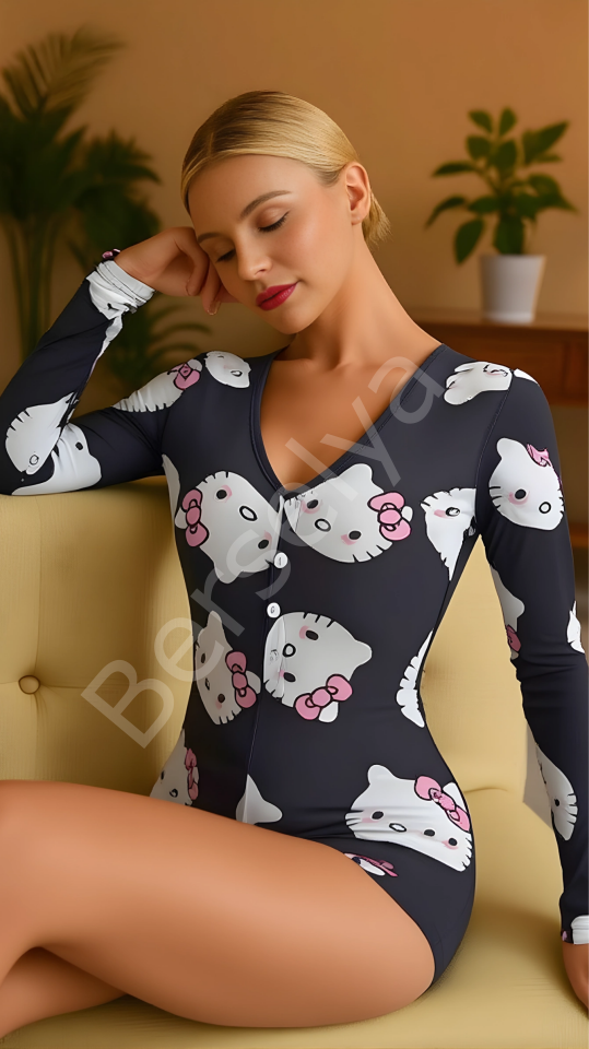 Luna Lora Kitty Dream Pamuklu Siyah Kedicik Desenli Düğmeli Uzun Kol Tulum Pijama