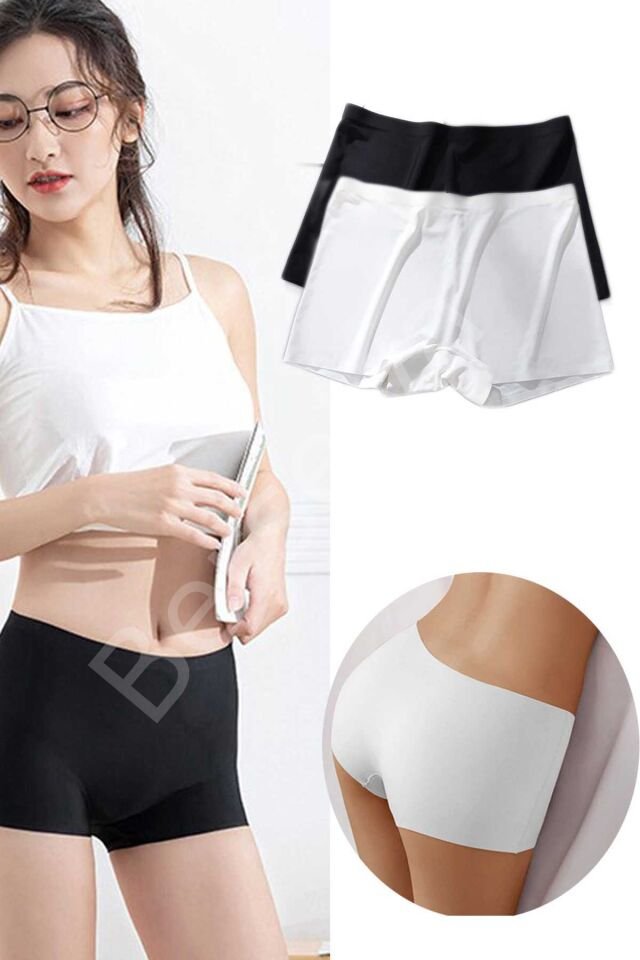 2 Adet Kadın Dikişsiz Görünmez İz Yapmaz Mini Şort Boxer Siyah Beyaz XL