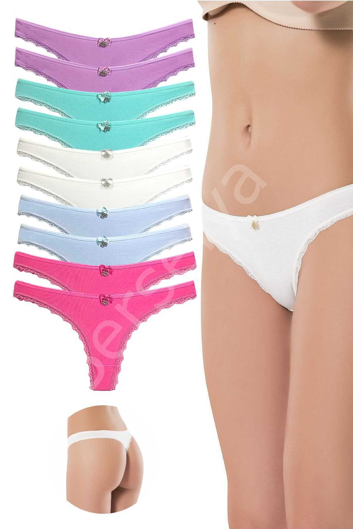 10 Adet Pamuklu Kadın Klasik Dantelli String Tanga