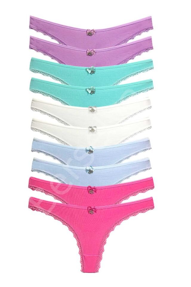 10 Adet Pamuklu Kadın Klasik Dantelli String Tanga