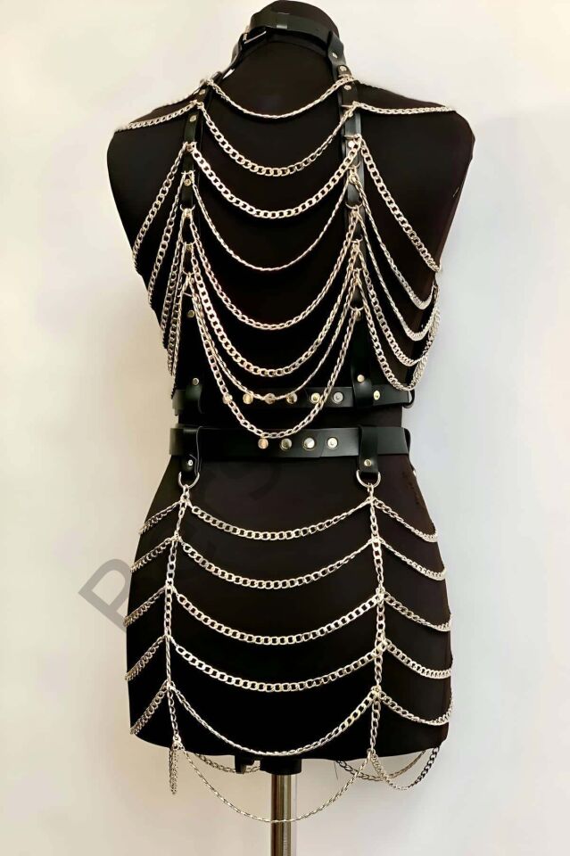 Zincirli Crop Ve Etek Harness Alt Üst Takım, Festival Sahne Giysileri - Brf1006