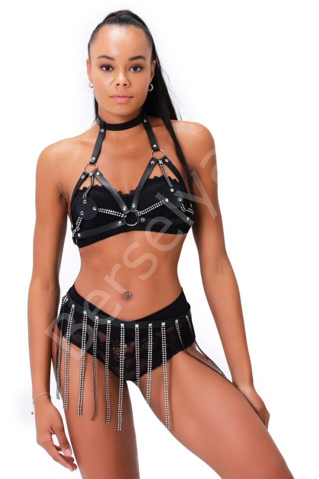 Deri Ve Taş İşlemeli Harness Sexi Fantezi Kostüm 800339