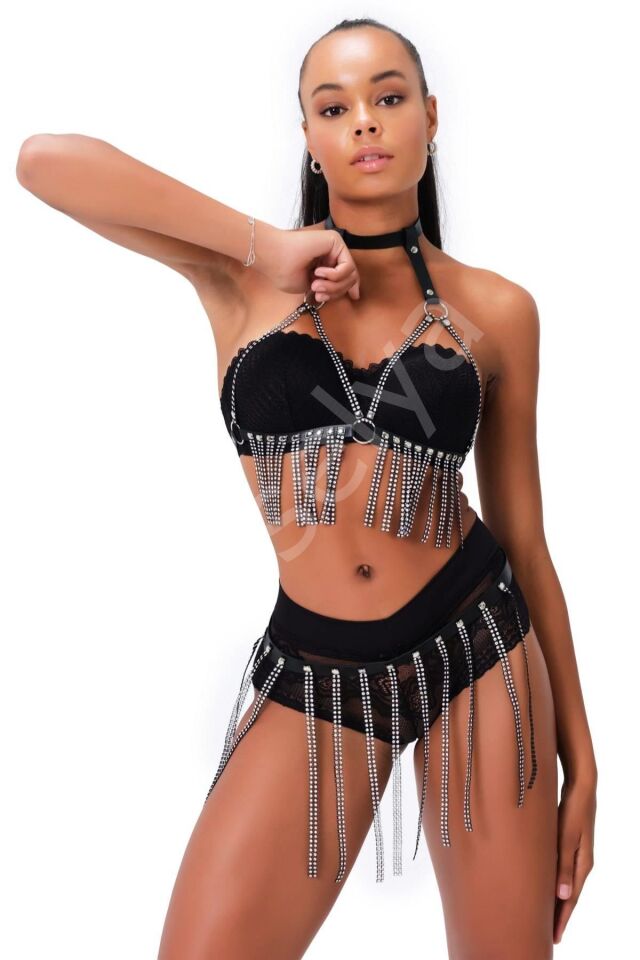 Deri Ve Taş İşlemeli Harness Sexi Fantezi Kostüm 800339