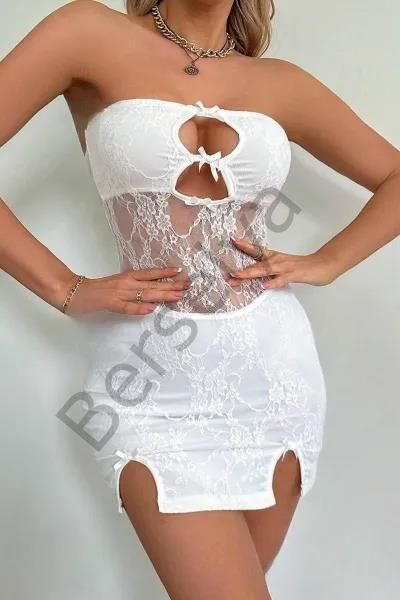 Beyaz Dantel İşlemeli Göğüs Dekolteli Seksi 5081