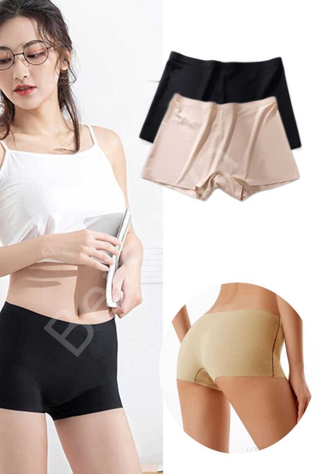 2 Adet Kadın Dikişsiz Görünmez İz Yapmaz Mini Şort Boxer Siyah Ten M