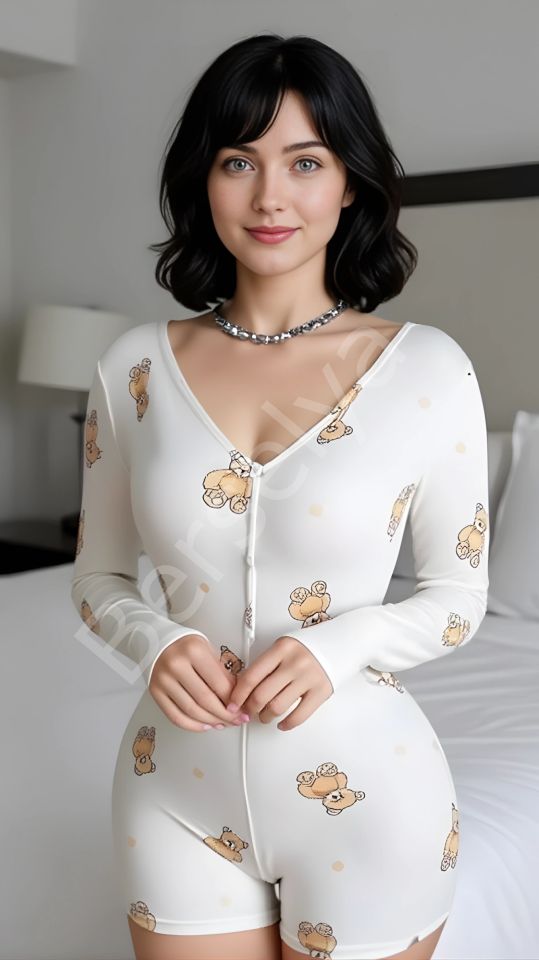 Luna Lora Teddy Dream Pamuklu Beyaz Ayıcık Desenli Düğmeli Uzun Kol Tulum Pijama