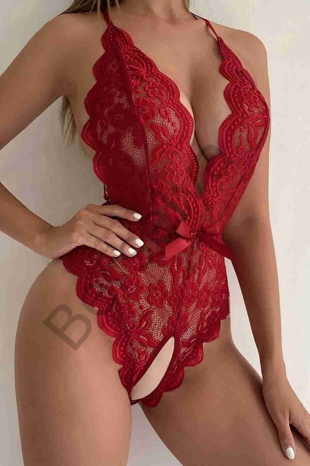 Özel Bölgesi Açık Dantelli Kırmızı Fantazi Babydoll Brf1278