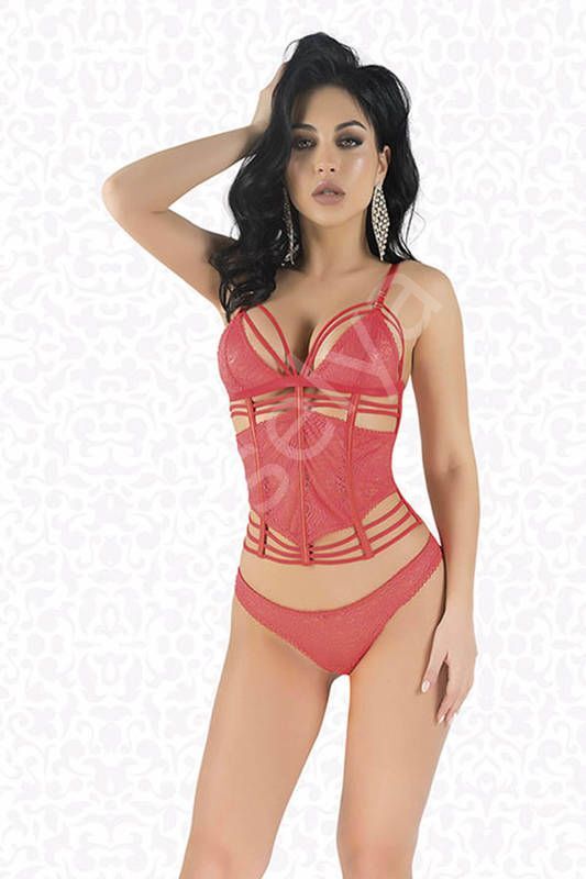 Kırmızı Simli Dantel Büstier Takım