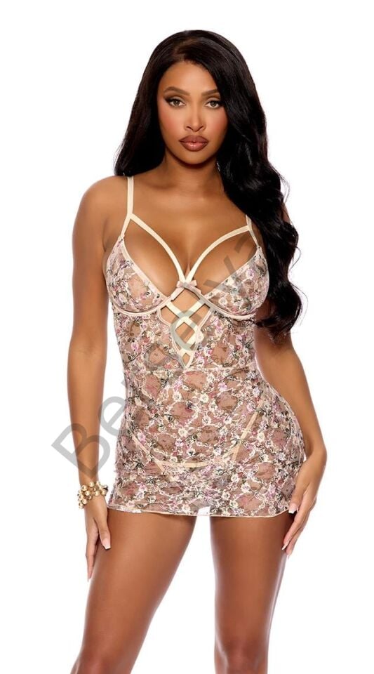 Çiçek Desenli İp Detaylı Tül Fantezi Gecelik