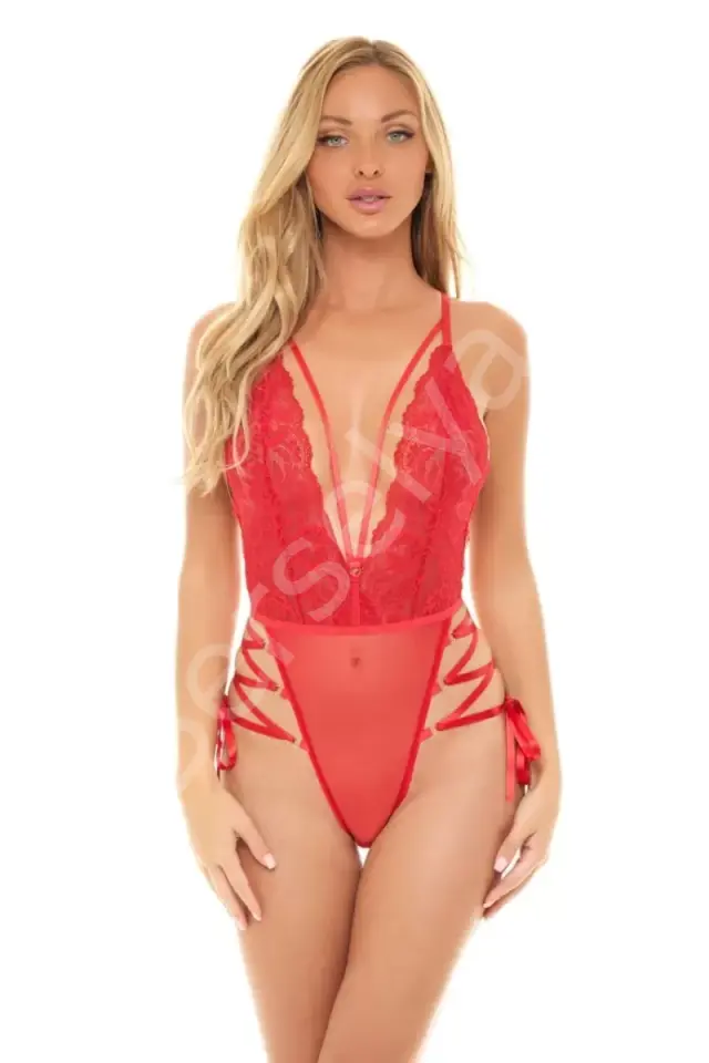 İp Detaylı Dantelli Kırmızı Transparan Fantezi Body