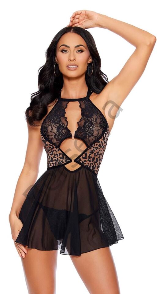 Siyah Leopar Desenli Dantel İşlemeli Tül Fantezi Gecelik