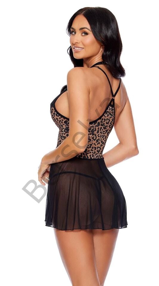 Siyah Leopar Desenli Dantel İşlemeli Tül Fantezi Gecelik