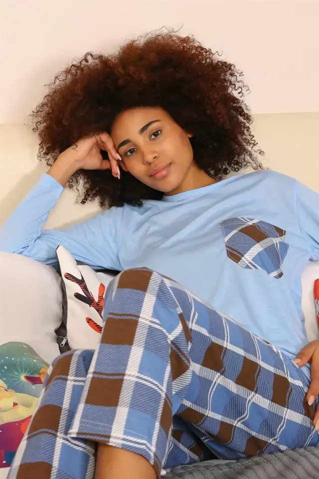 Kadın Uzun Kol Penye Pijama Takım Mavi